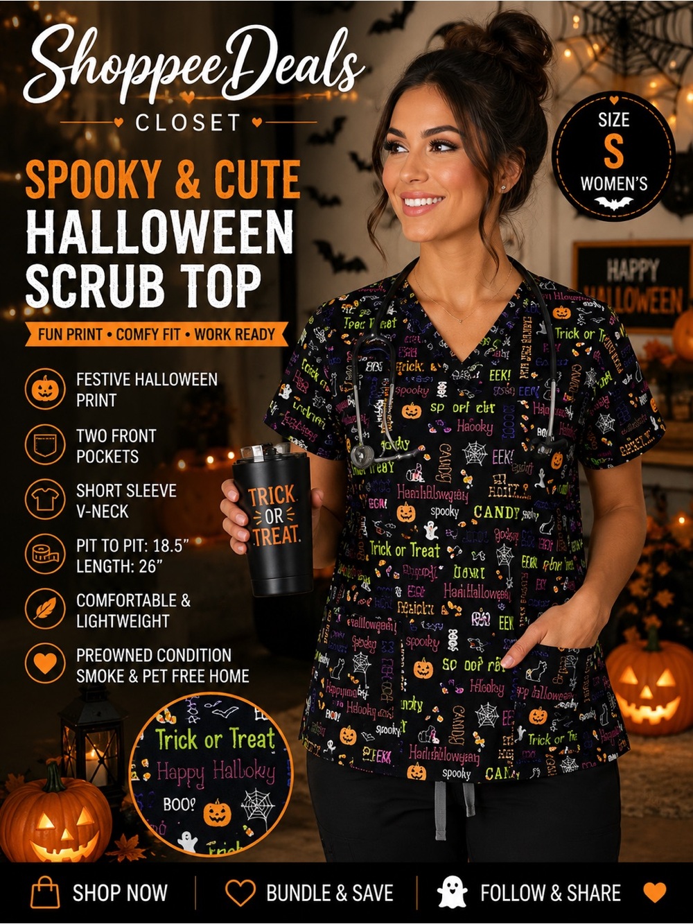 SB Scrubs Halloween Print V-Neck Scrub Top Women’s S Black Short Sleeve